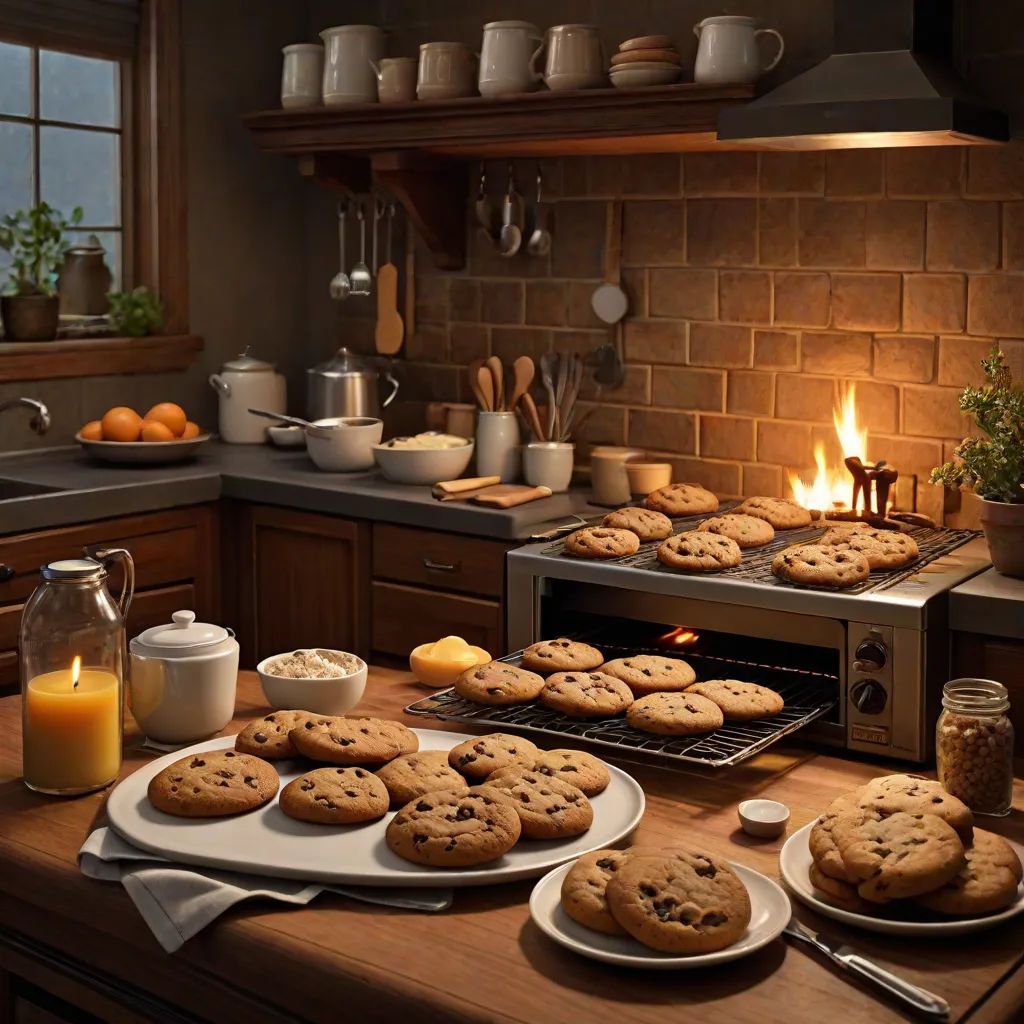 a kitchen counter with cookies and orange juice on it and a lit candle in the middle of the counter, photorealism, a photorealistic painting, Chris LaBrooy, unreal engine render