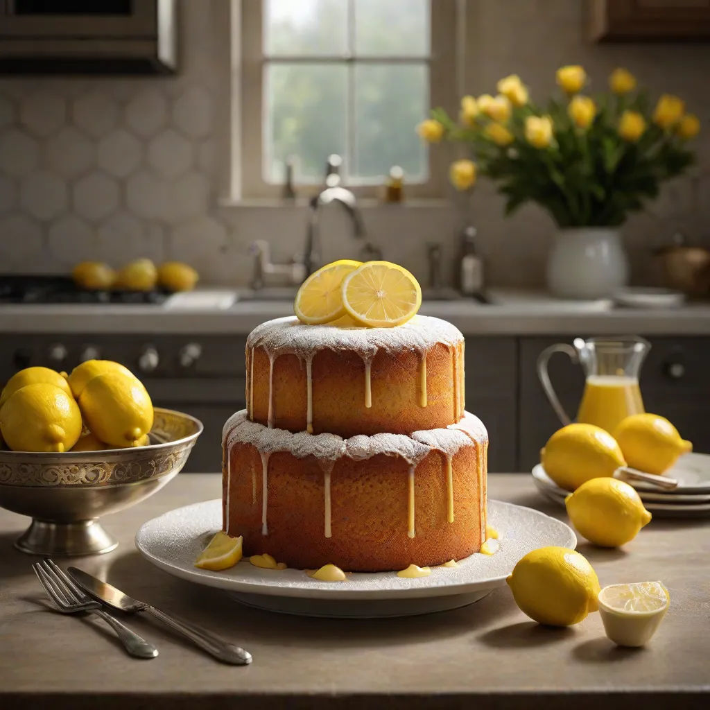 a cake with lemons on top of it on a table with a bowl of lemons and a plate of lemons, photorealism, a photorealistic painting, Chris LaBrooy, unreal engine 5 highly rendered