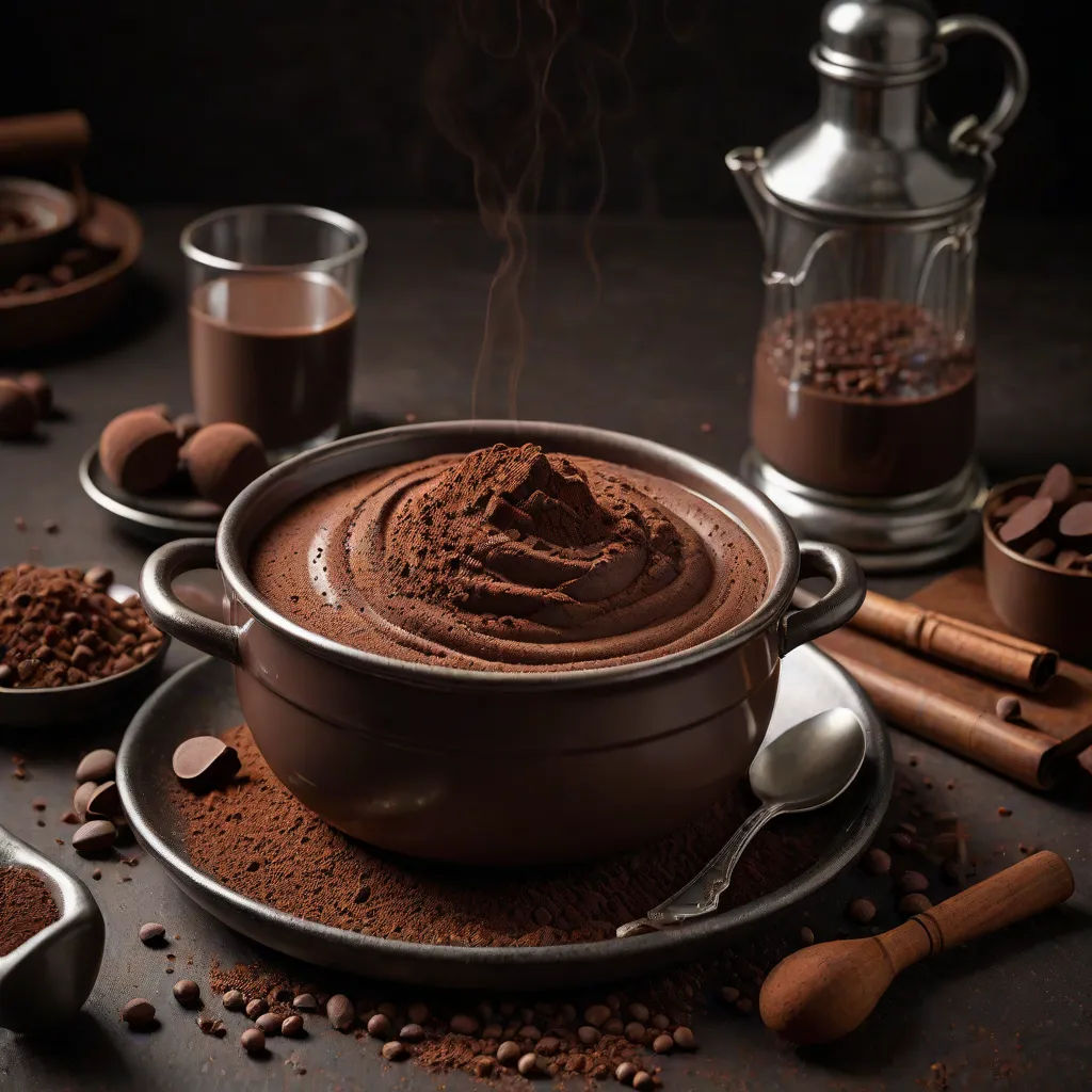 a chocolate fonding dish with chocolate powder and spices around it and a pitcher of cocoa powder and spoons, art photography, a 3D render, Clara Peeters, professional food photography