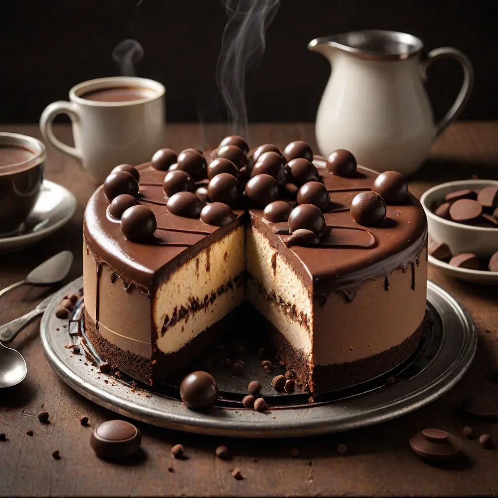 a chocolate cake with a slice cut out of it and chocolate chips on the side of the cake and a cup of coffee, photorealism, a pastel, Bouchta El Hayani, food photography