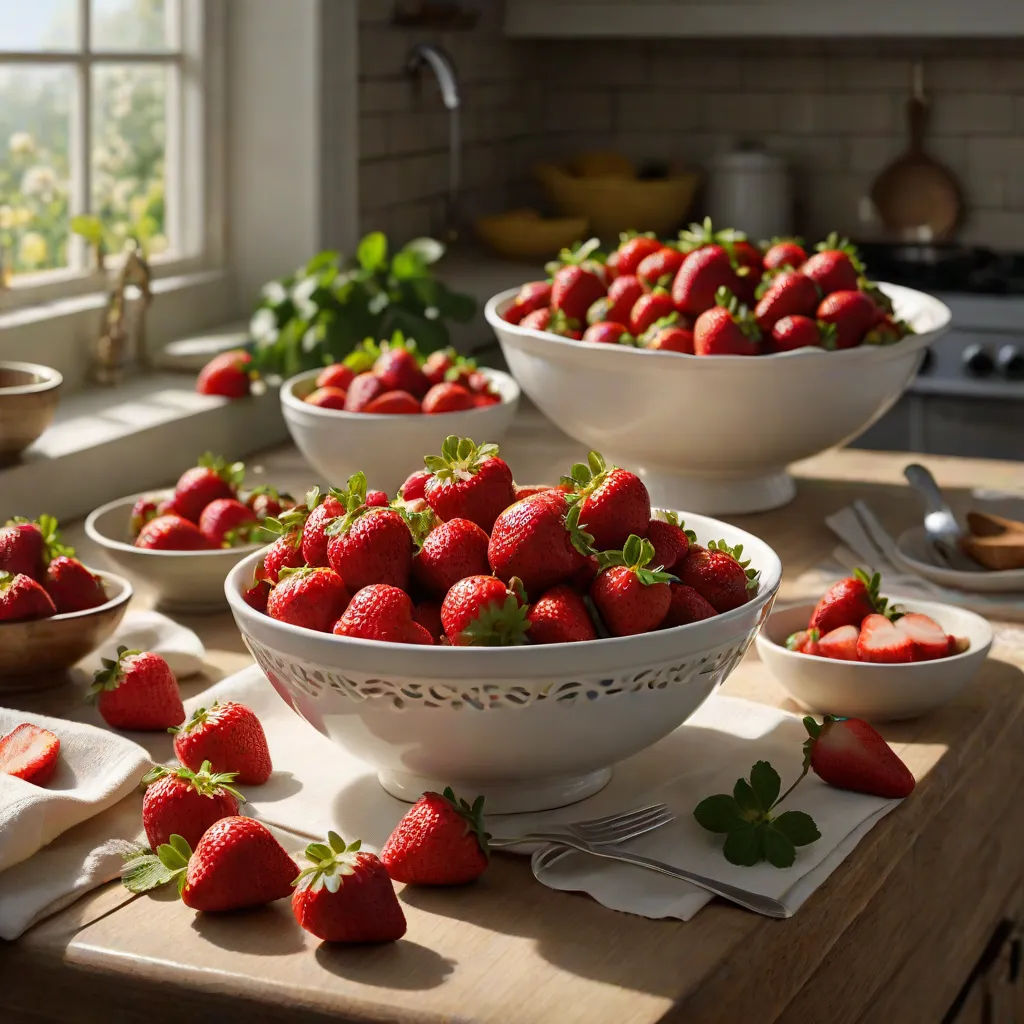 a table topped with bowls of strawberries on top of a wooden table next to a window with a potted plant, american impressionism, a still life, Dorothy Hood, berries