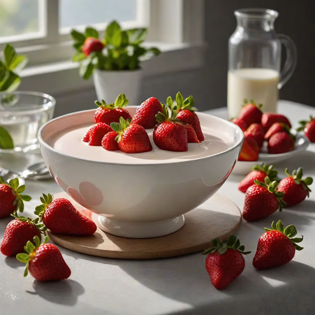 a bowl of strawberries on a table with a glass of milk and a pitcher of milk in the background, photorealism, a 3D render, Claire Dalby, food photography