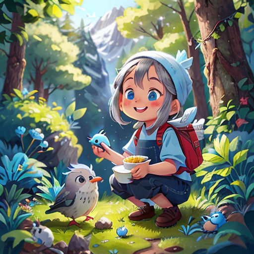 a girl feeding a bird in the forest with a bowl of food in her hand and a bird on her hand