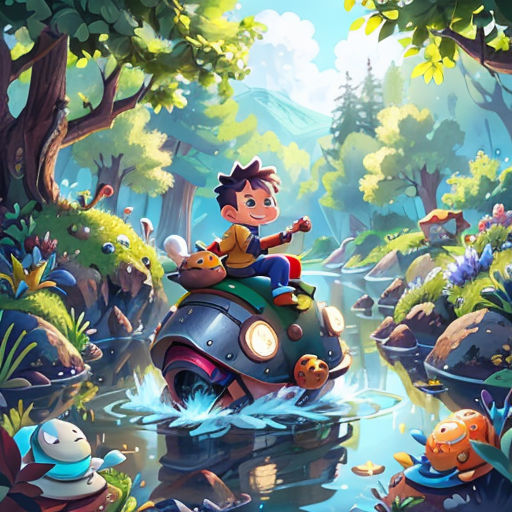 a boy is riding on a car in the middle of a forest with other animals and plants around him