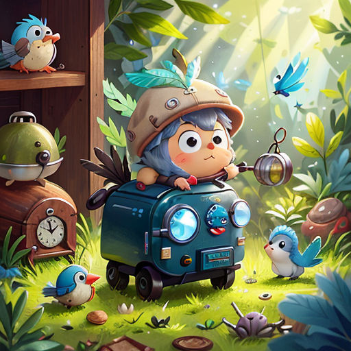 a cartoon character is driving a car in the forest with birds and a birdhouse in the background,