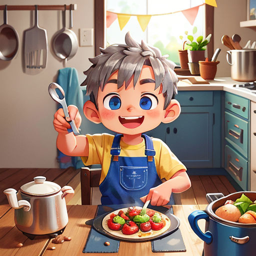 a boy is making a pizza in the kitchen with a spoon and a pot of vegetables on the table