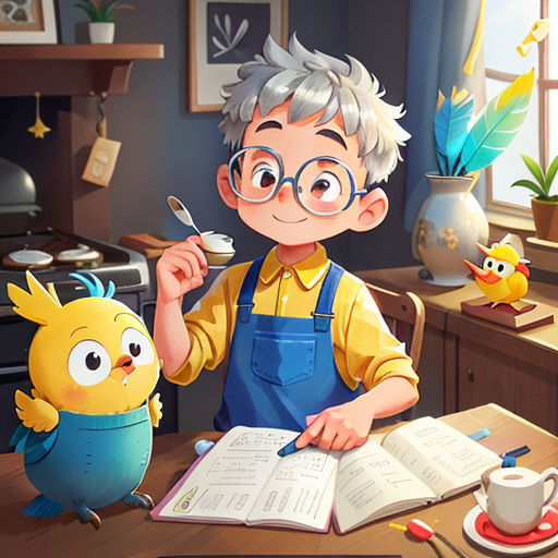 a boy is sitting at a table with an open book and a bird next to him, while a bird is standing next to him