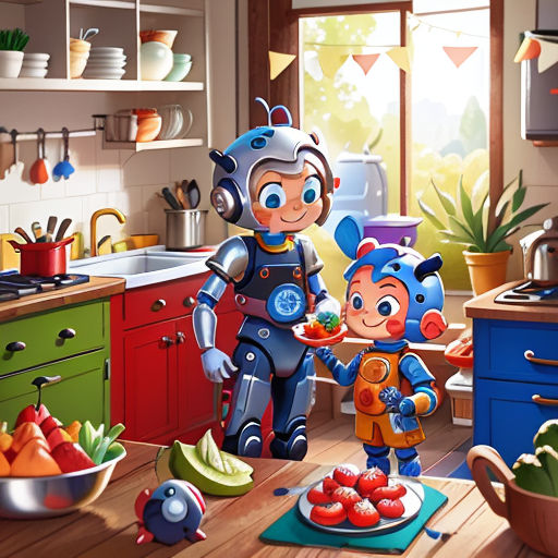 a cartoon of a boy and girl in a kitchen with a plate of food in front of them and a potted plant