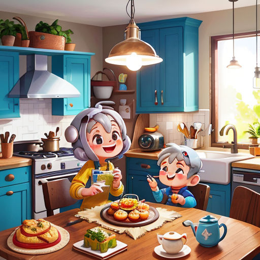 a cartoon of two people eating food in a kitchen with blue cabinets and a stove top oven and a blue refrigerator