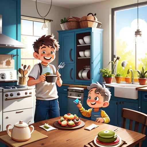 a man and a boy are in the kitchen cooking together and eating cake together with a spoon and a spatula