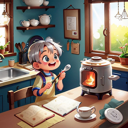 a boy is cooking in a kitchen with a stove and a book on the table next to him and a pot and pan