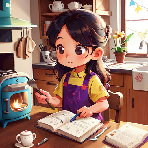 a girl is reading a book in a kitchen with a stove and a stove top oven in the background