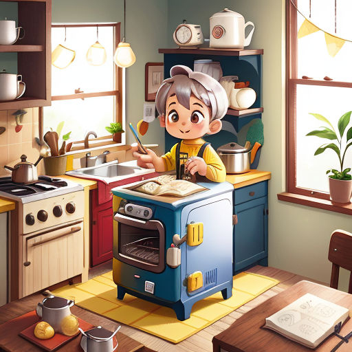 a cartoon girl cooking in a kitchen with a stove and a sink and a book on the table next to her
