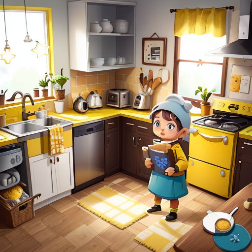 a cartoon girl is standing in a kitchen with a pan and a bowl of food in front of her