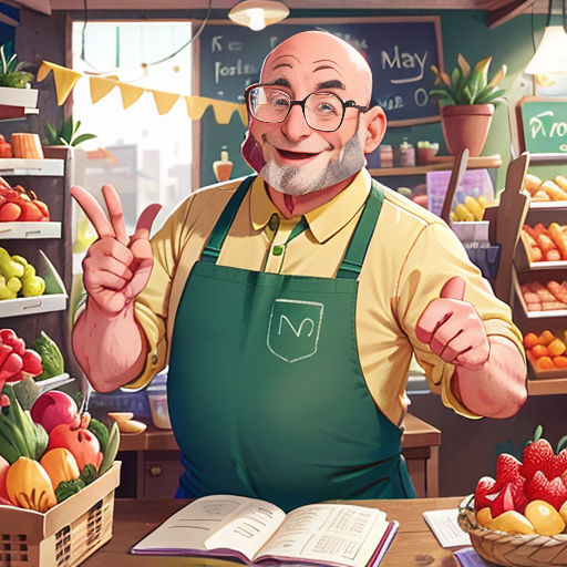a man with glasses and an apron standing in front of a fruit stand with a book and a basket of fruit