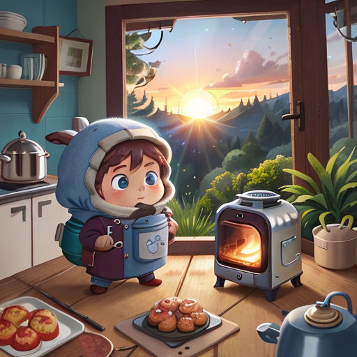 a little girl standing in front of a window with a stove and a kettle on the table next to it