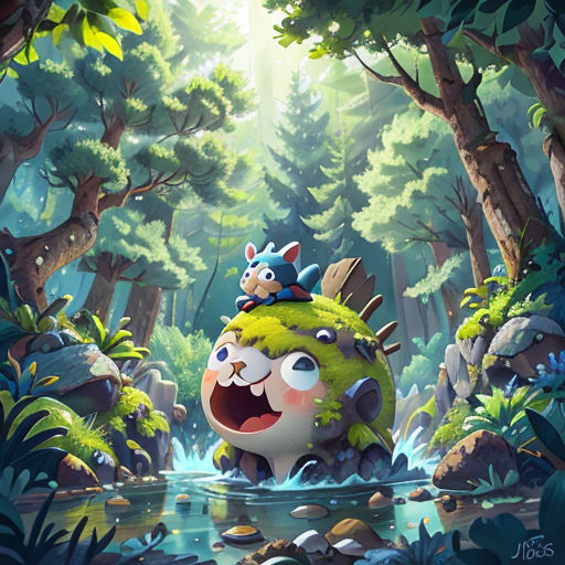 a cartoon character is in the middle of a forest with a pond and trees in the background, with a cat on top of the head