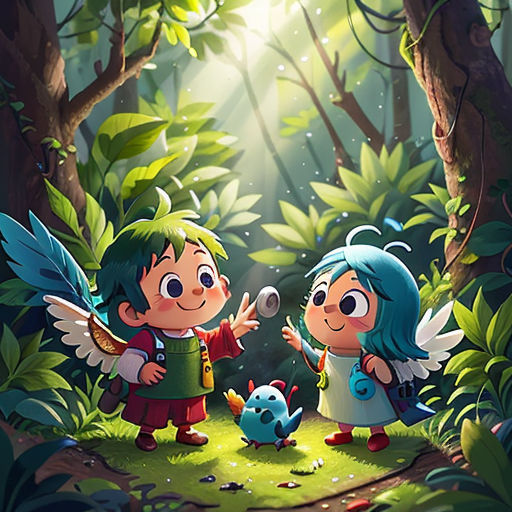 a couple of kids standing in the woods with a bird in hand and a bird in the air near by
