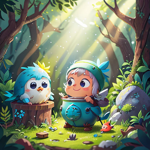 a couple of birds sitting on top of a forest next to a forest filled with trees and plants and a bird