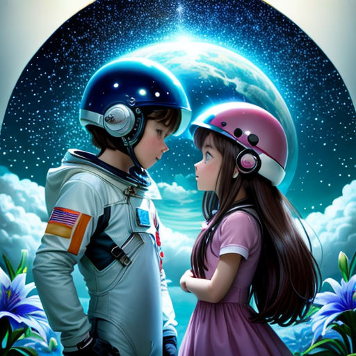 a boy and a girl in space looking at each other with a planet in the background and a blue sky