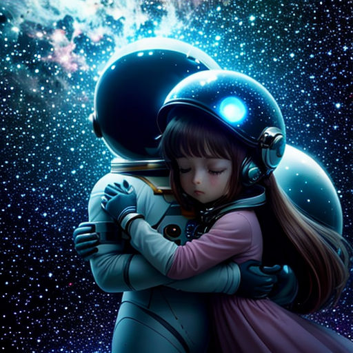 a girl in a space suit hugging a man in a helmet with a galaxy background behind her and stars in the sky