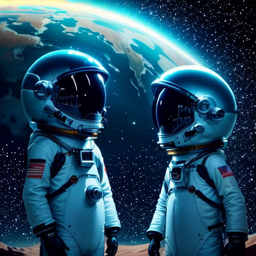 two astronauts standing in front of a planet with stars in the background photo by nasa / / / /
