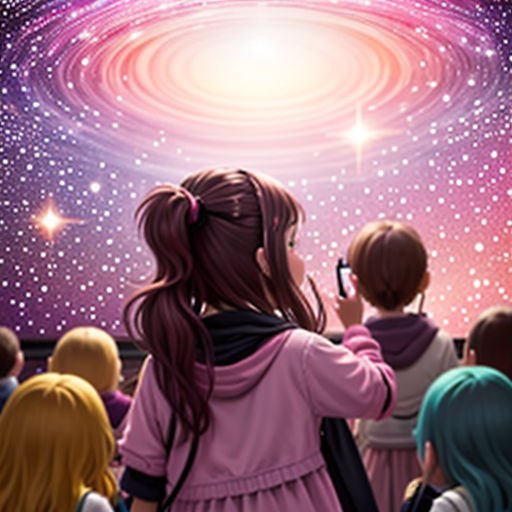 a group of people standing in front of a galaxy filled sky with stars and a star filled sky in the background