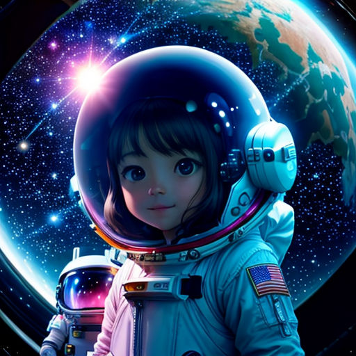 a girl in a space suit holding a space shuttle in front of a planet with stars and a sky background