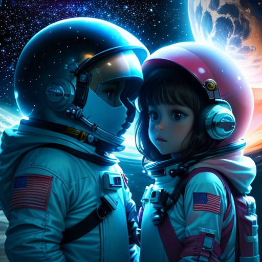 two astronauts are looking at the stars in the sky, with a planet in the background and a bright blue sky