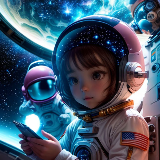a little girl in a space suit holding a cell phone in front of a space station with a man in the background