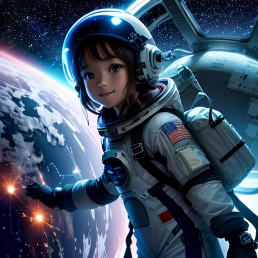 a young girl in a space suit standing in front of a planet with a spaceship in the background and a space shuttle in the foreground