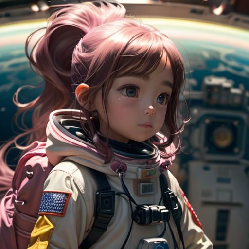 a girl in a space suit standing in front of a space station window with a cat on her shoulder