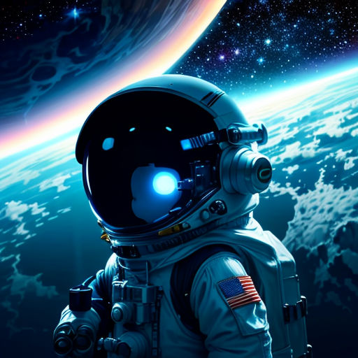 a man in a space suit standing in front of a planet with a light on it's face