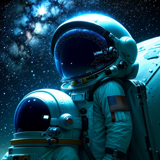 a man in a space suit standing next to a space shuttle in front of a galaxy filled with stars