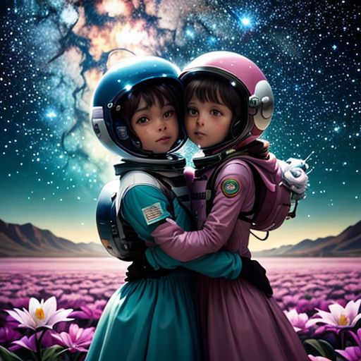 two children in space suits hugging each other in a field of flowers with a star filled sky in the background