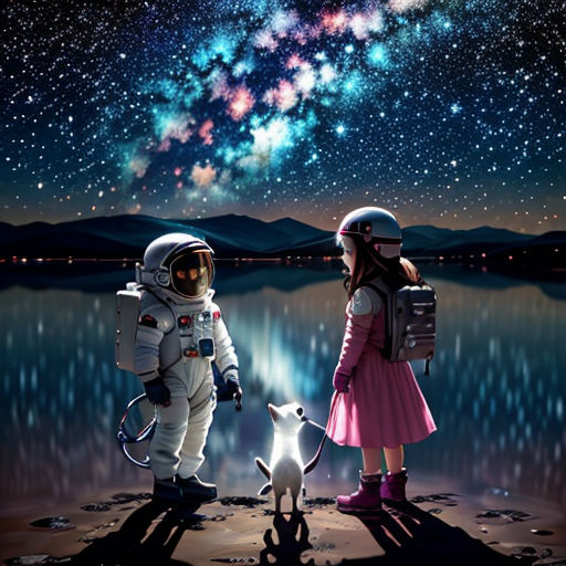 a couple of people standing next to a dog on a beach under a sky filled with stars and a dog