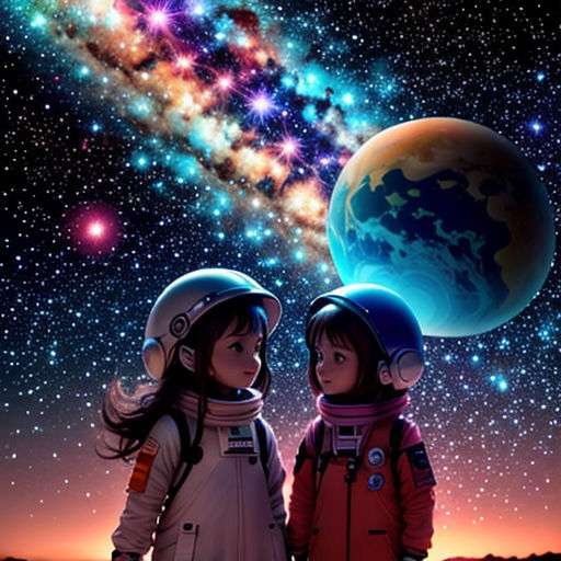 two children in space looking at the stars and planets in the sky with a bright star in the background
