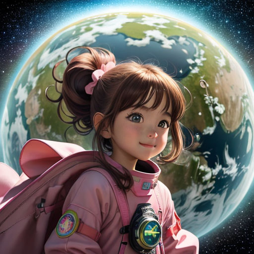 a girl with a backpack and a backpack on her back is standing in front of a planet with a sky background