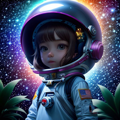 a girl in a space suit standing in front of a star filled sky with stars and plants in the foreground