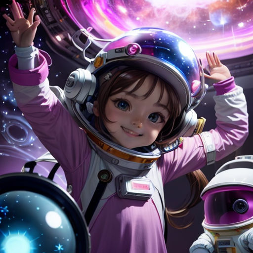 a girl in a space suit and helmet standing next to a robot in a space station with a pink background