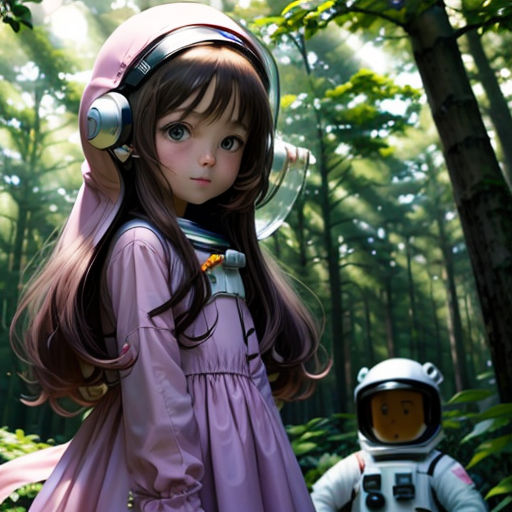 a girl in a purple dress and a robot in a forest with trees and grass, with a pink dress and headphones on