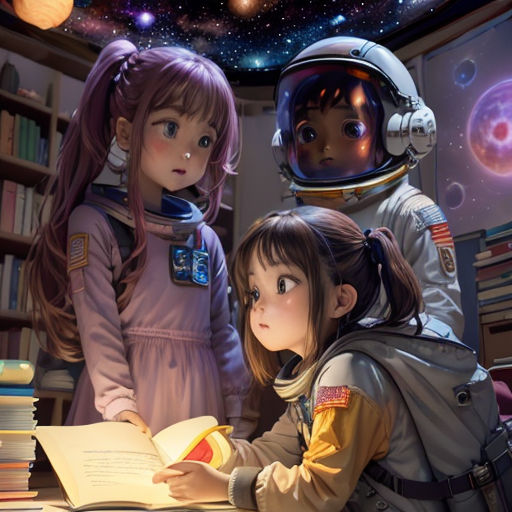 two girls are reading a book in a room with a space theme on the ceiling and a man in a space suit is standing behind them