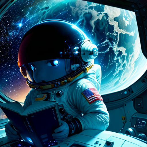 a man in a space suit reading a book in a space station window with a planet in the background