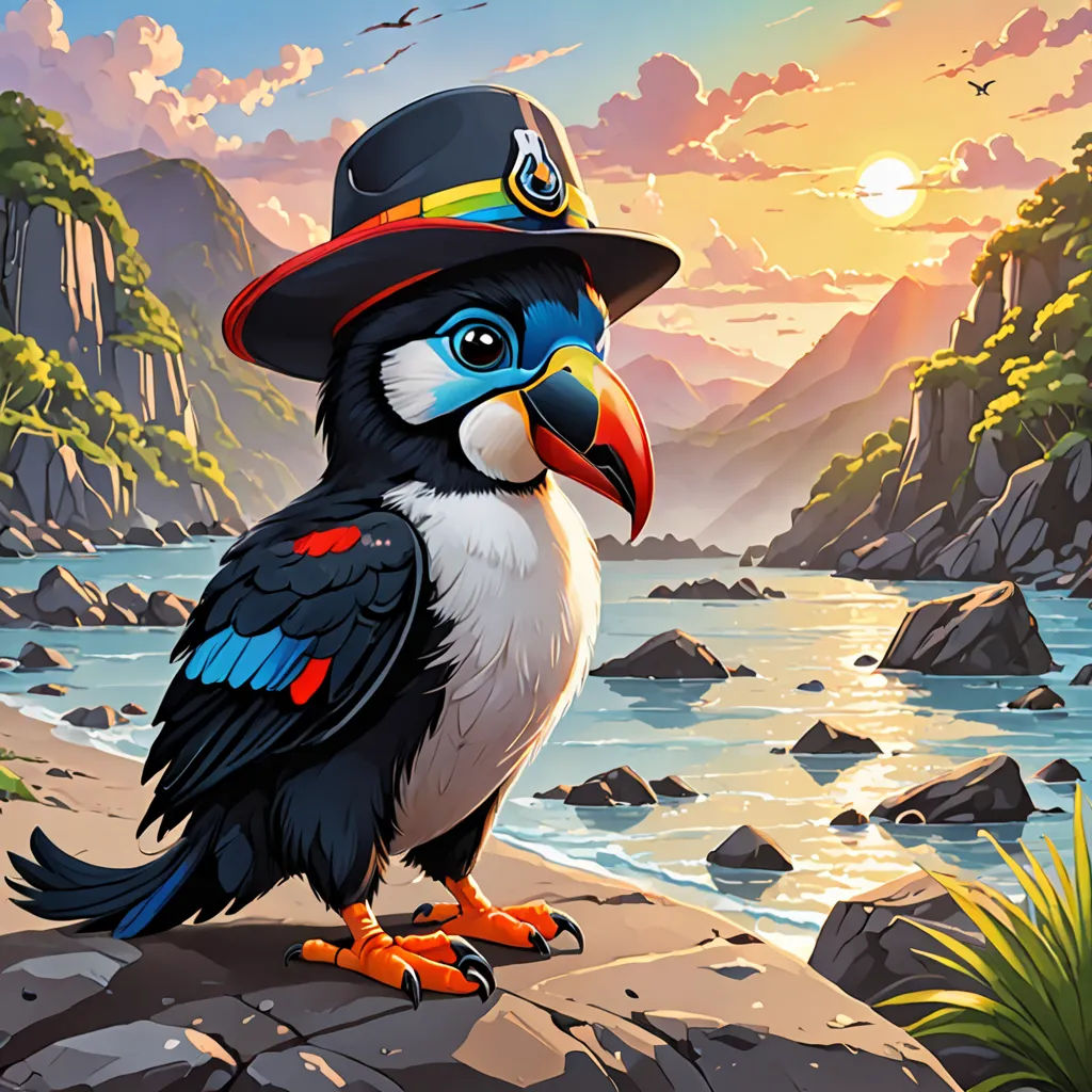 a bird with a hat on a rocky shore by the water at sunset or sunrise time, with a bird with a hat on its head, fantasy art, a character portrait, Chris LaBrooy, magic the gathering artwork