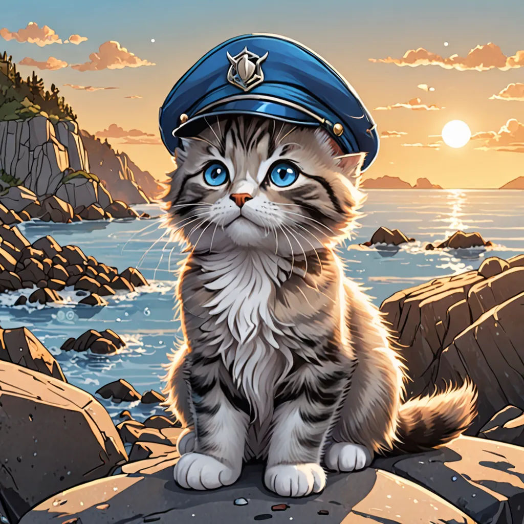 a cat sitting on a rock with a hat on it's head and a sunset in the background, sots art, a comic book panel, Dan Mumford, official art