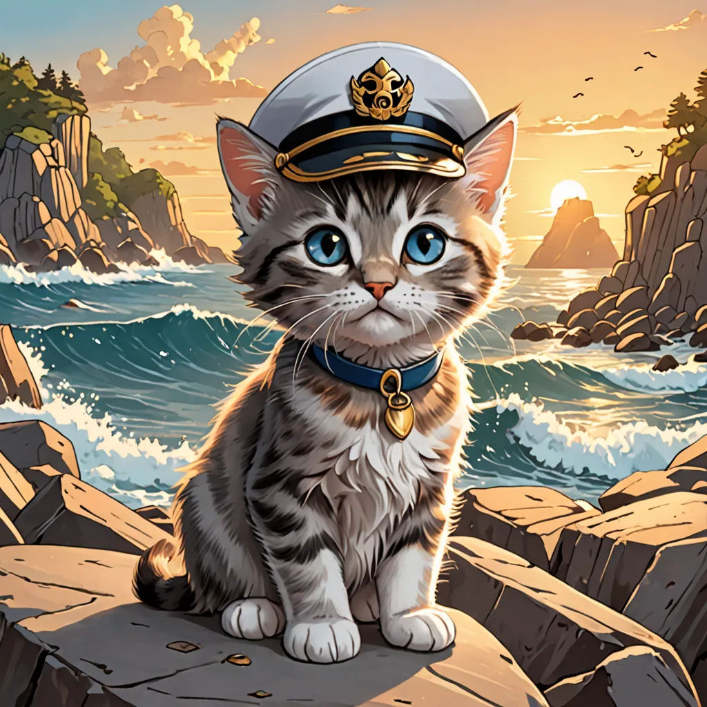 a cat wearing a sailor's hat sitting on a rock by the ocean with a sunset in the background, sots art, a character portrait, Chris LaBrooy, official art