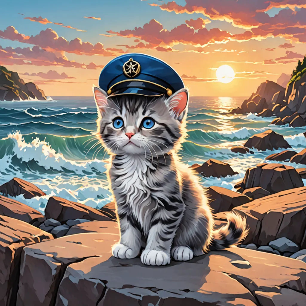 a cat sitting on a rock near the ocean with a sailor's hat on it's head, furry art, a fine art painting, David A Hardy, official art