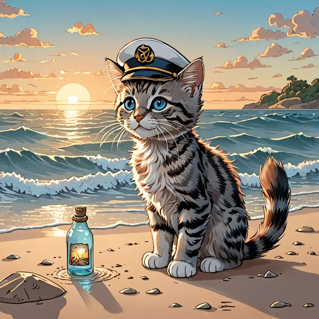 a cat sitting on a beach next to a bottle of water and a bottle of water on the sand, furry art, a comic book panel, Dan Mumford, official art