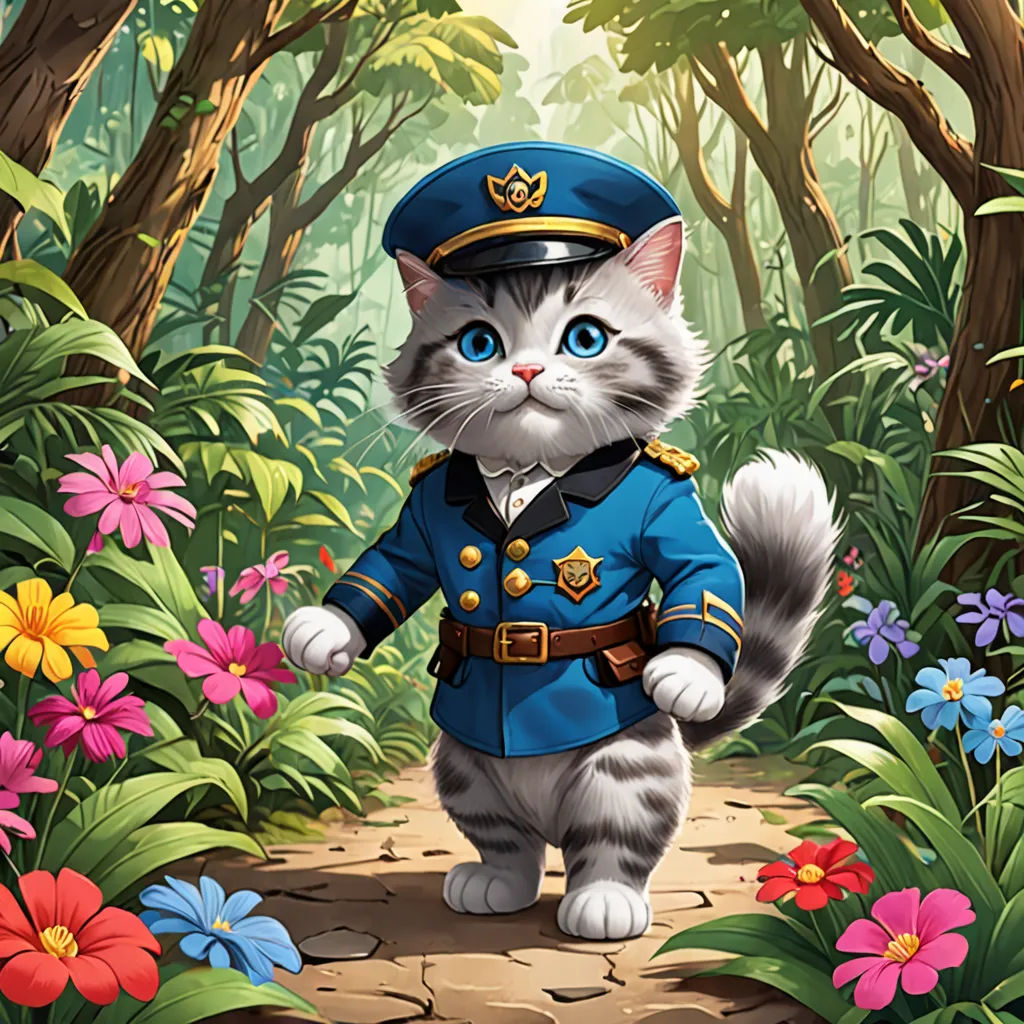 a cat in a blue uniform is walking through a forest with flowers and trees on the ground and a path, furry art, a character portrait, Carlos Catasse, official art