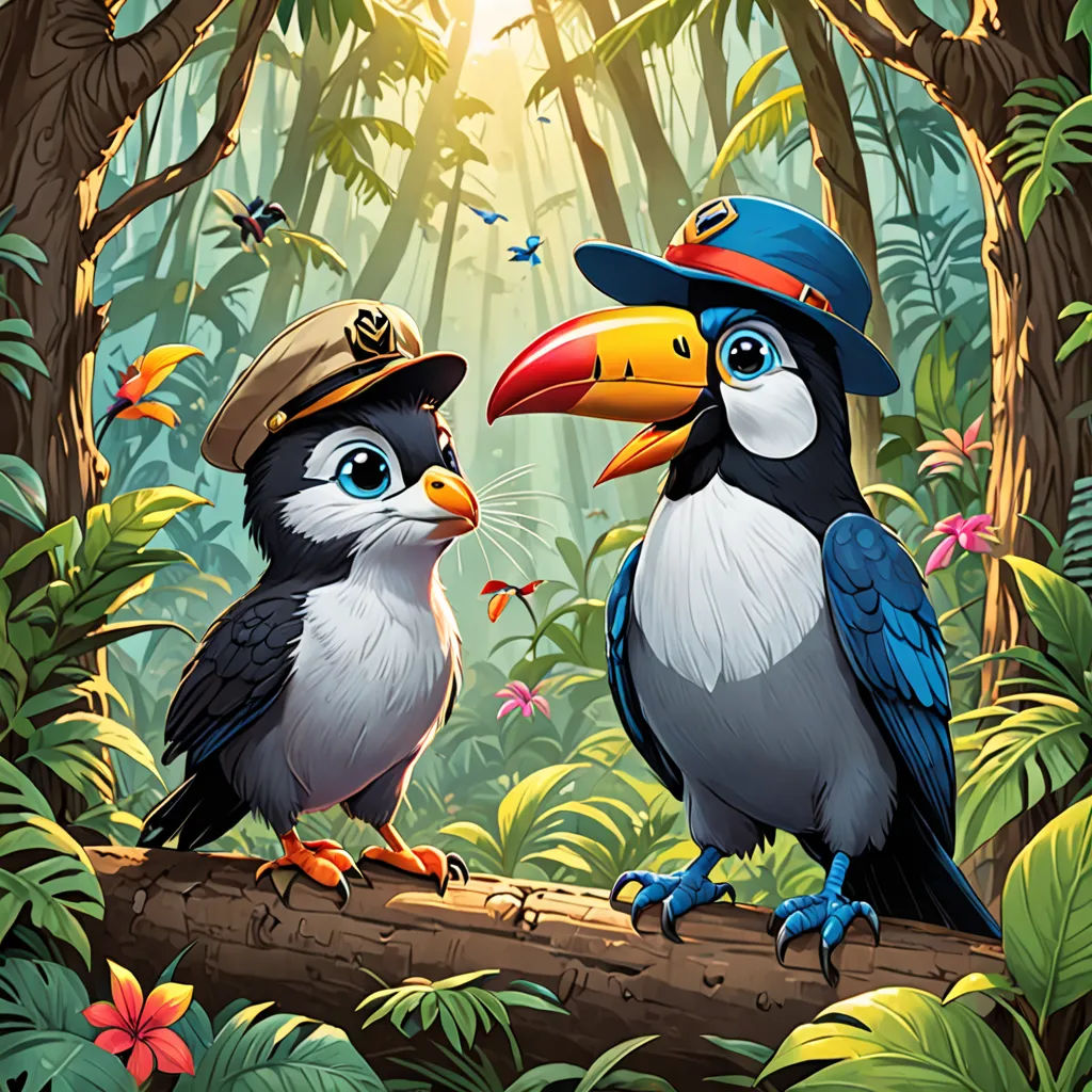 two birds are sitting on a log in the jungle with a sunbeam in the background and a jungle scene, sots art, poster art, Craola, promotional image